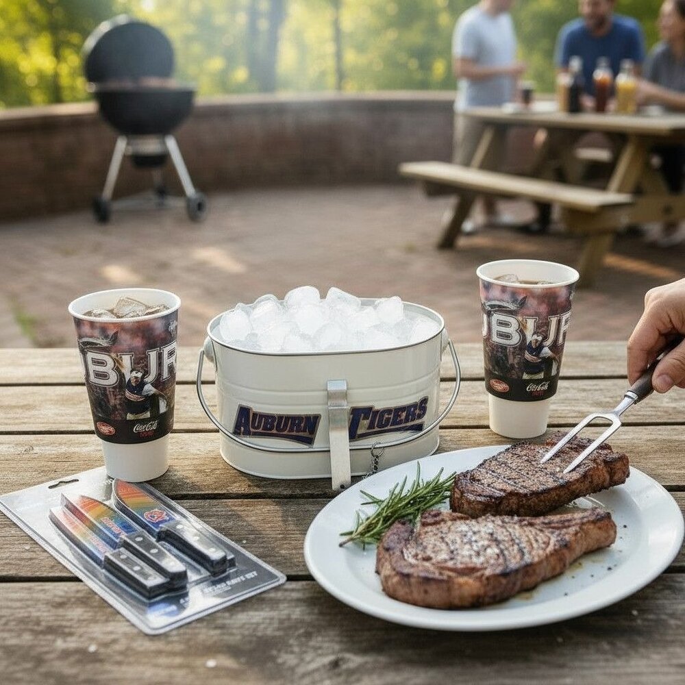 Auburn Football 7-Piece Fan Set – Metal Drink Bucket, 2 Cups & 4 NEW Steak Knive